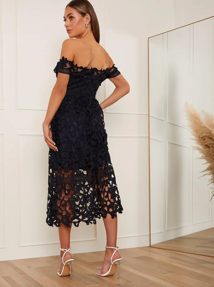 Chi Chi London Maternity Bardot Lace Midi Crochet Dress In Navy Blue Women Skater Dresses