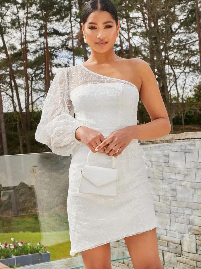 Chi Chi London One Shoulder Balloon Sleeve Bodycon Dress In White Women Embroidered Dresses Chi Chi London One Shoulder Balloon Sleeve Bodycon Dress In White Women Embroidered Dresses