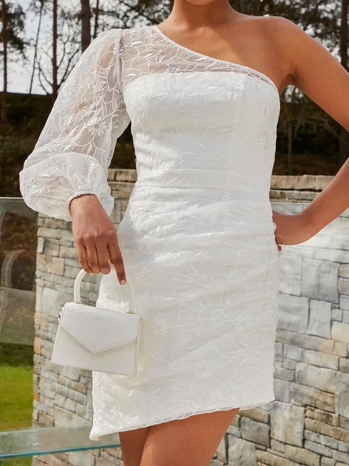 Chi Chi London One Shoulder Balloon Sleeve Bodycon Dress In White Women Embroidered Dresses