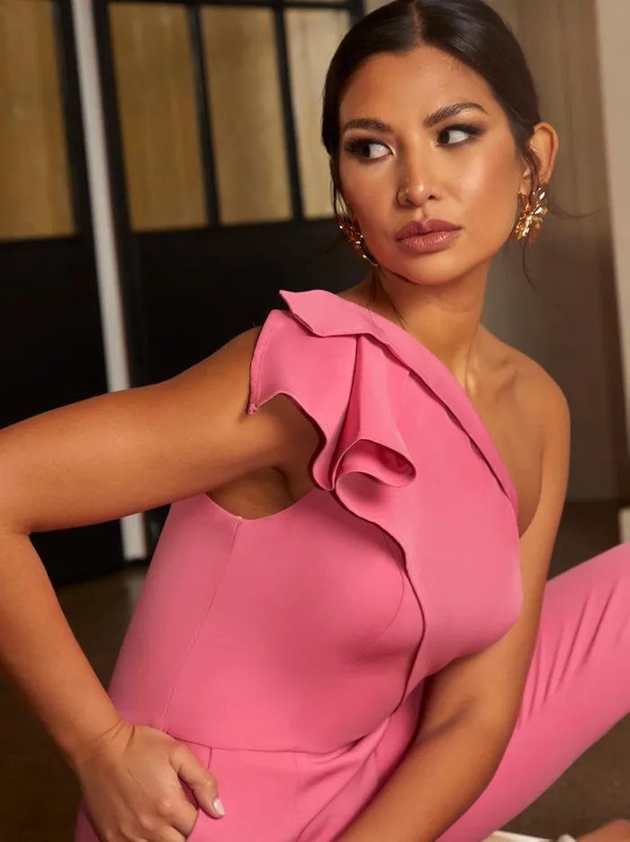 Chi Chi London One Shoulder Ruffle Detail Jumpsuit In Pink Women Jumpsuits