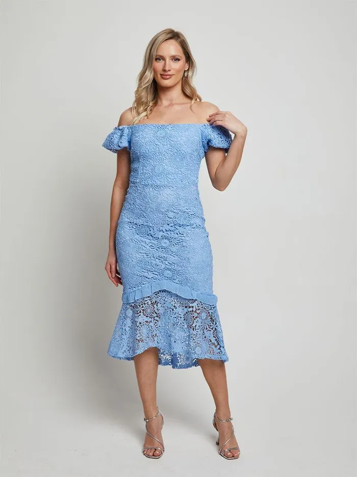 Chi Chi London Petite Bardot Premium Lace Peplum Midi Dress In Blue Women Bodycon Dresses Chi Chi London Petite Bardot Premium Lace Peplum Midi Dress In Blue Women Bodycon Dresses