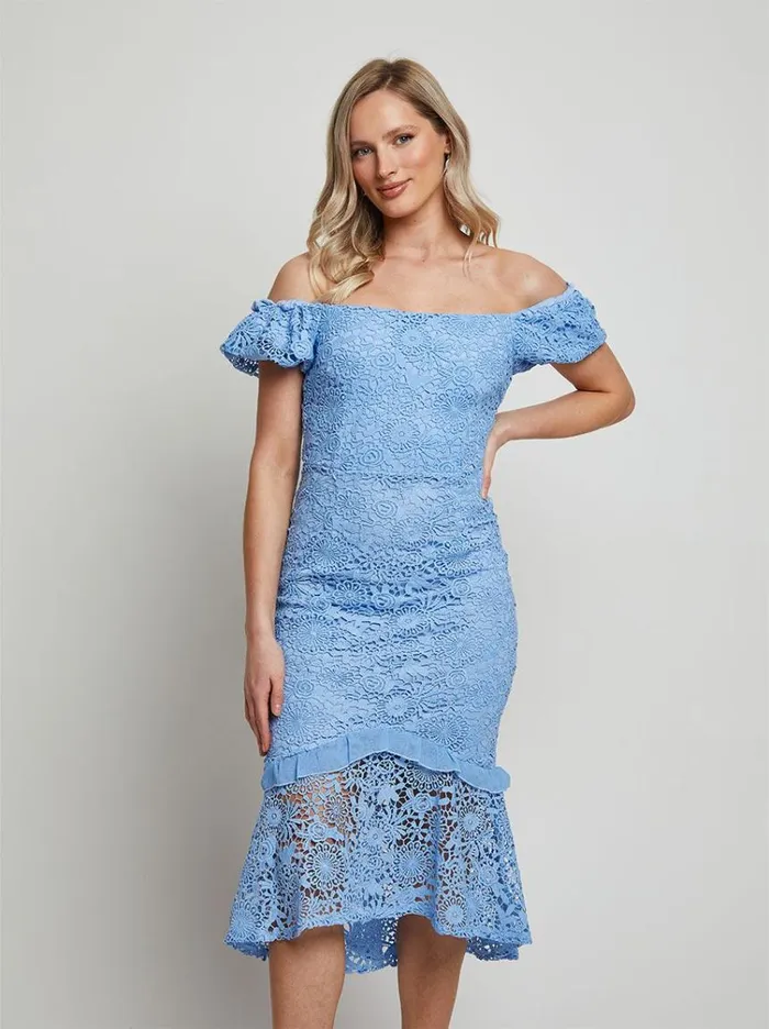 Chi Chi London Petite Bardot Premium Lace Peplum Midi Dress In Blue Women Bodycon Dresses