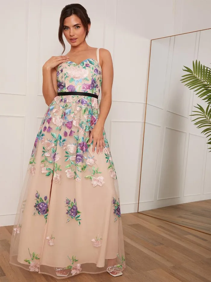 Chi Chi London Petite Floral Embroidered Maxi Dress In Cream Women Embroidered Dresses