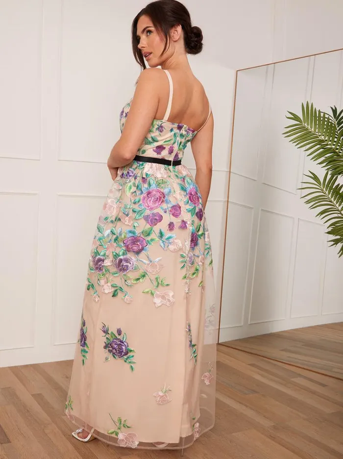 Chi Chi London Petite Floral Embroidered Maxi Dress In Cream Women Embroidered Dresses