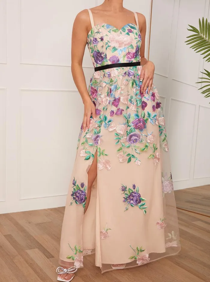 Chi Chi London Petite Floral Embroidered Maxi Dress In Cream Women Embroidered Dresses