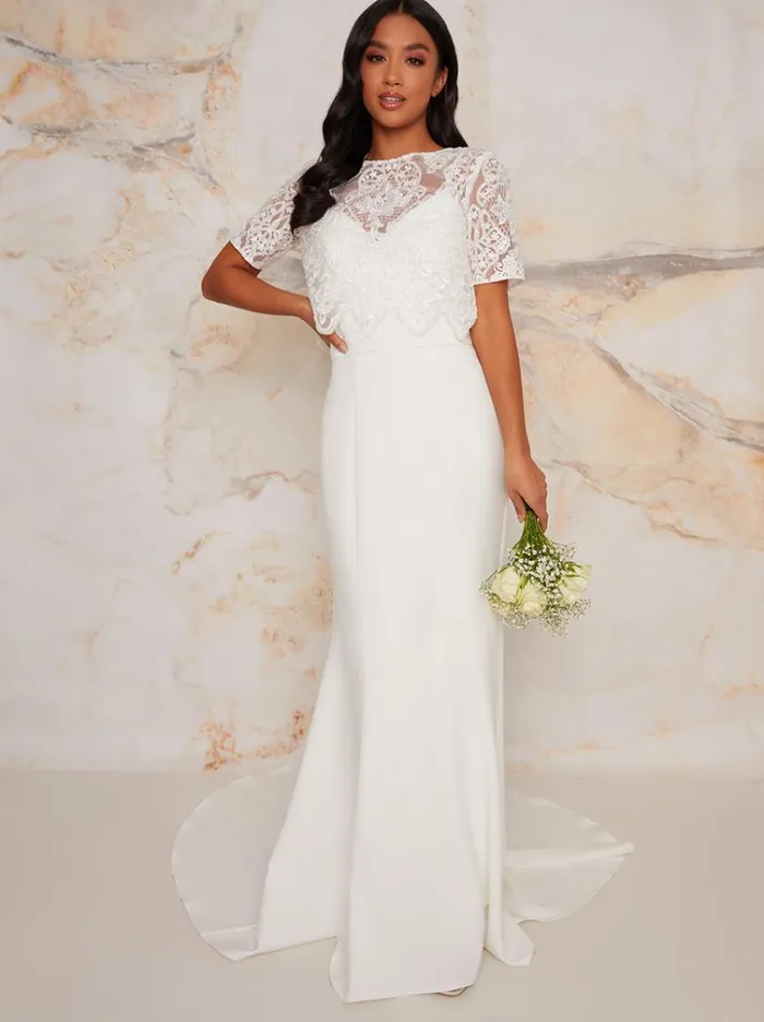 Chi Chi London Petite Lace Overlay Bodice Maxi Wedding Dress In White Women Lace Dresses