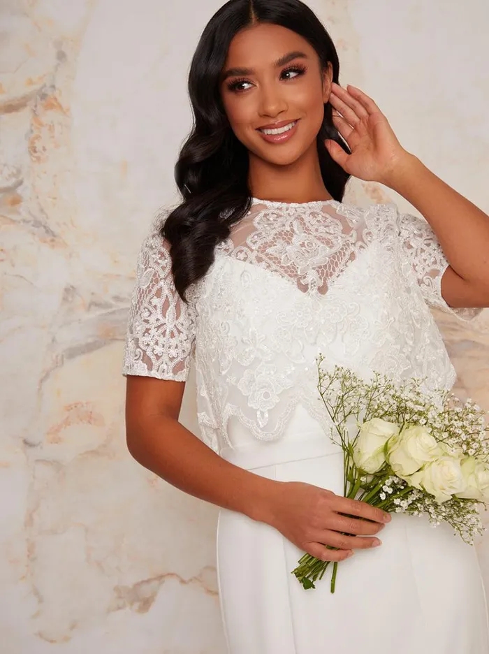 Chi Chi London Petite Lace Overlay Bodice Maxi Wedding Dress In White Women Lace Dresses