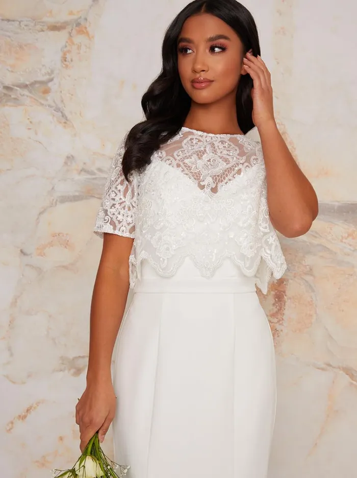 Chi Chi London Petite Lace Overlay Bodice Maxi Wedding Dress In White Women Lace Dresses