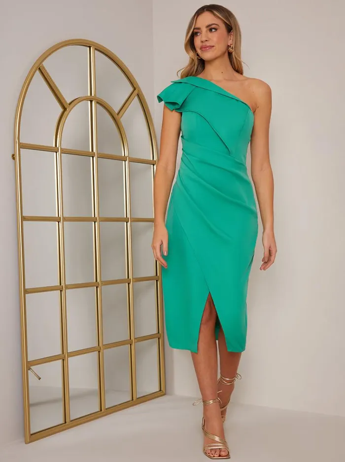 Chi Chi London Petite One Shoulder Wrap Detail Midi Dress In Green Women Bodycon Dresses Chi Chi London Petite One Shoulder Wrap Detail Midi Dress In Green Women Bodycon Dresses