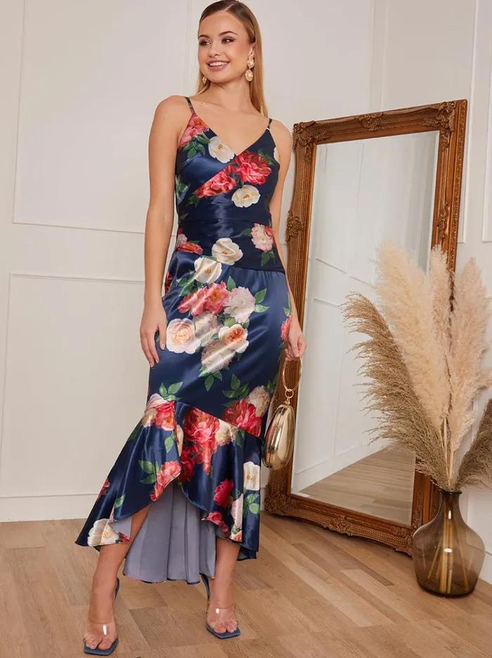 Chi Chi London Petite Sleeveless Floral Print Ruffle Hem Midi Dress In Navy Women Dip Hem Dresses Chi Chi London Petite Sleeveless Floral Print Ruffle Hem Midi Dress In Navy Women Dip Hem Dresses