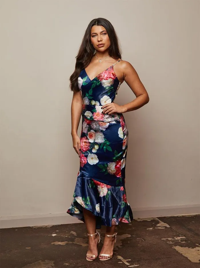 Chi Chi London Petite Sleeveless Floral Print Ruffle Hem Midi Dress In Navy Women Dip Hem Dresses