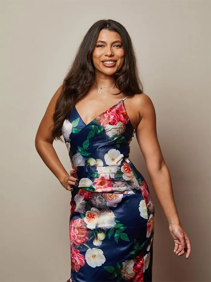 Chi Chi London Petite Sleeveless Floral Print Ruffle Hem Midi Dress In Navy Women Dip Hem Dresses
