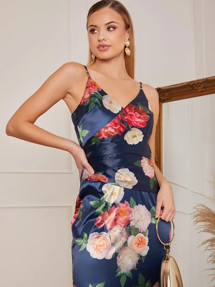 Chi Chi London Petite Sleeveless Floral Print Ruffle Hem Midi Dress In Navy Women Dip Hem Dresses