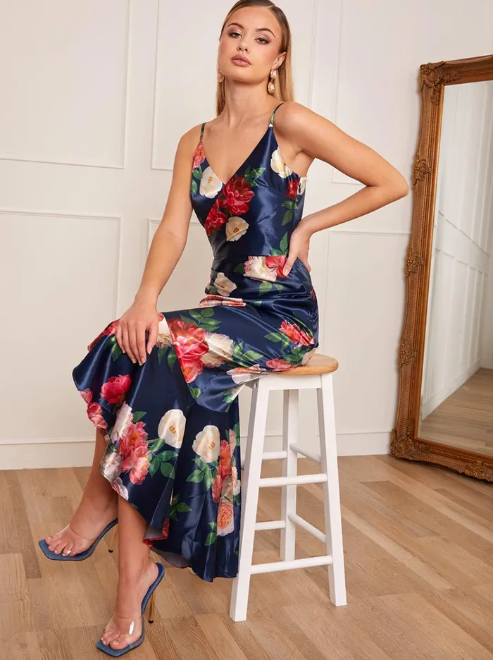 Chi Chi London Petite Sleeveless Floral Print Ruffle Hem Midi Dress In Navy Women Dip Hem Dresses