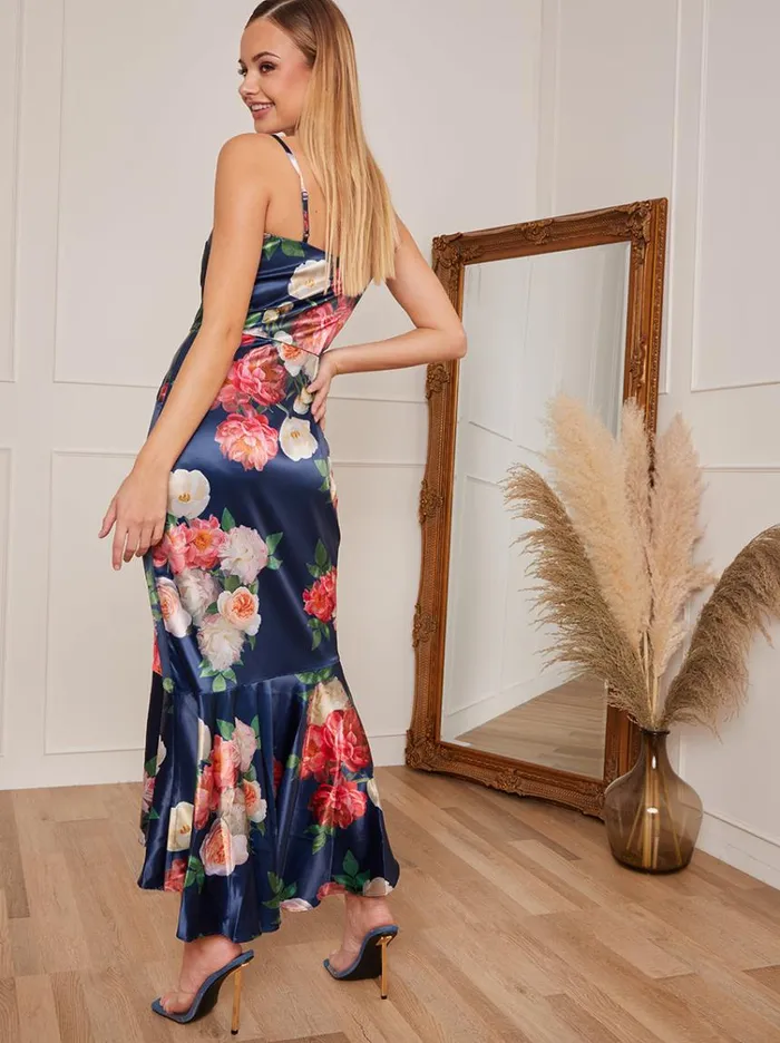 Chi Chi London Petite Sleeveless Floral Print Ruffle Hem Midi Dress In Navy Women Dip Hem Dresses