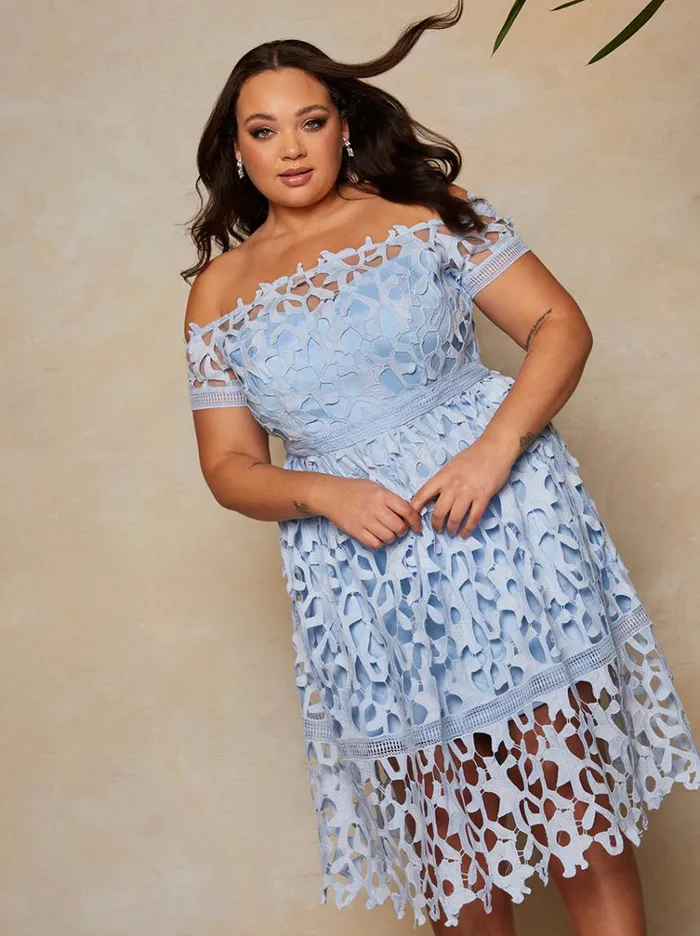 Chi Chi London Plus Size Bardot Lace Midi Dress In Blue Women Skater Dresses