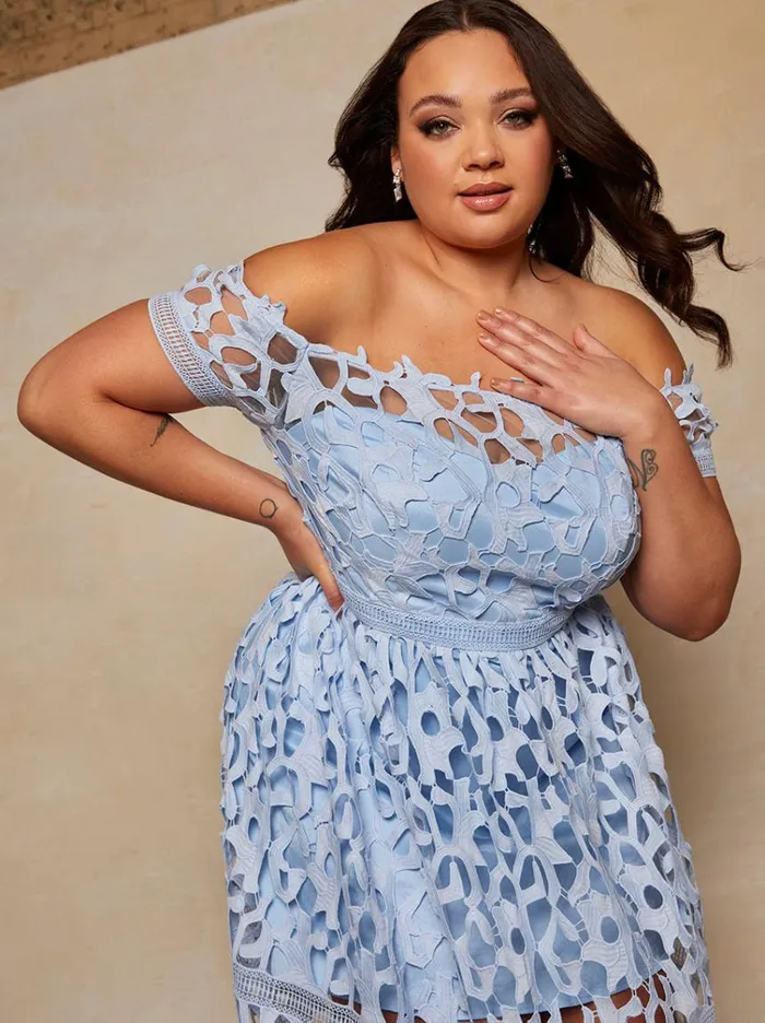 Chi Chi London Plus Size Bardot Lace Midi Dress In Blue Women Skater Dresses