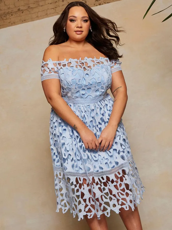 Chi Chi London Plus Size Bardot Lace Midi Dress In Blue Women Skater Dresses