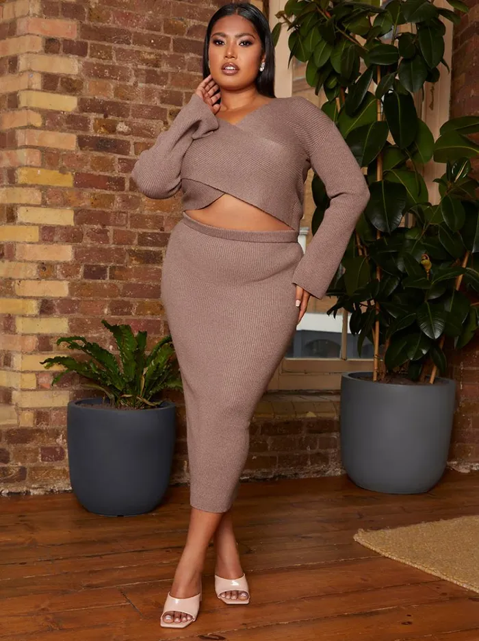 Chi Chi London Plus Size Flute Sleeve Wrap Detail Rib Knit Top In Mocha Women Knitwear
