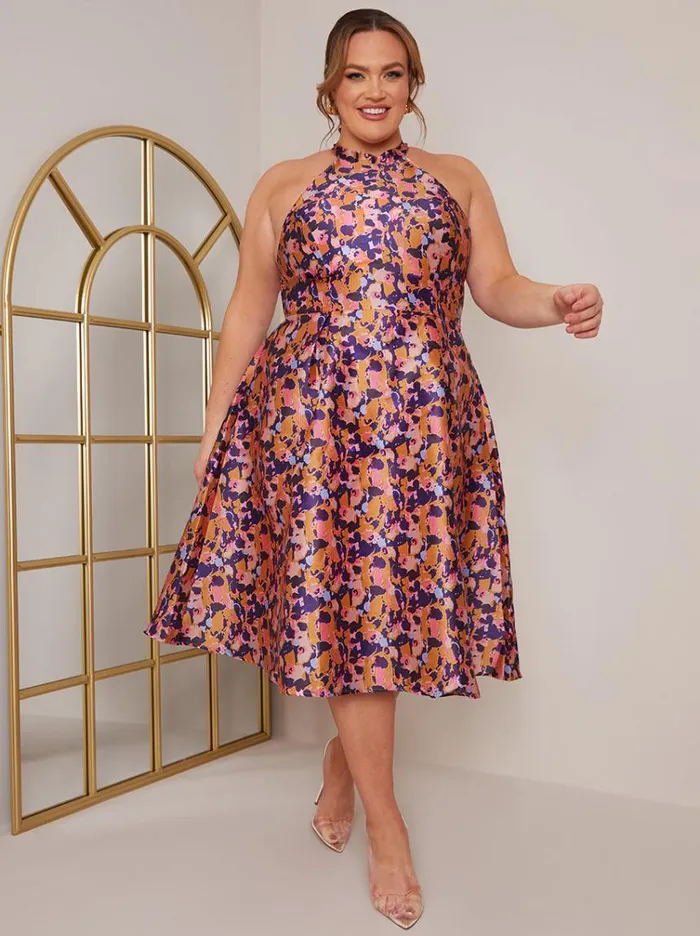 Chi Chi London Plus Size Halter Neck Abstract Print Midi Dress In Blue Women Skater Dresses