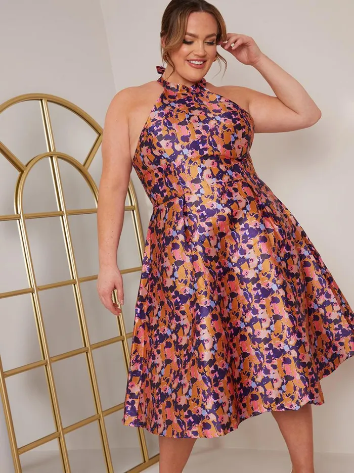 Chi Chi London Plus Size Halter Neck Abstract Print Midi Dress In Blue Women Skater Dresses