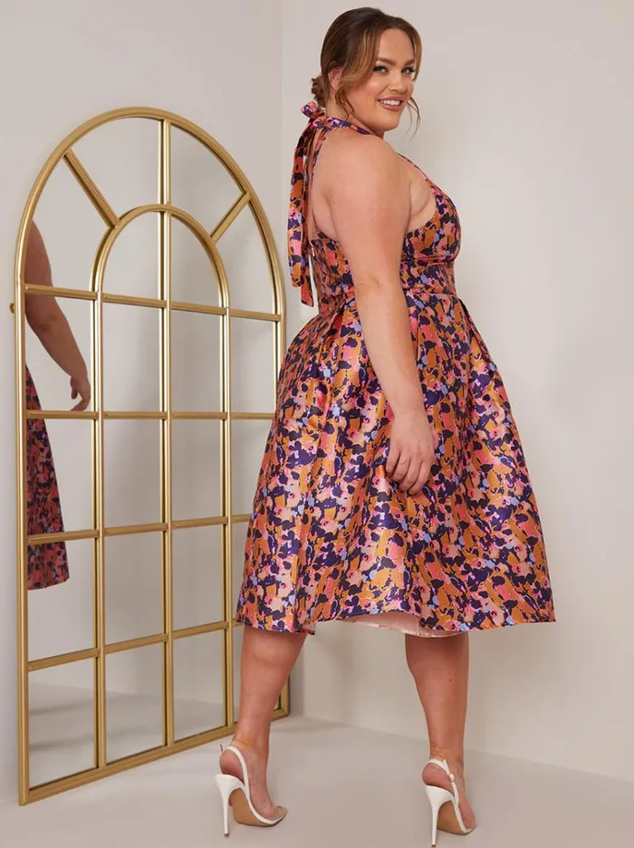 Chi Chi London Plus Size Halter Neck Abstract Print Midi Dress In Blue Women Skater Dresses