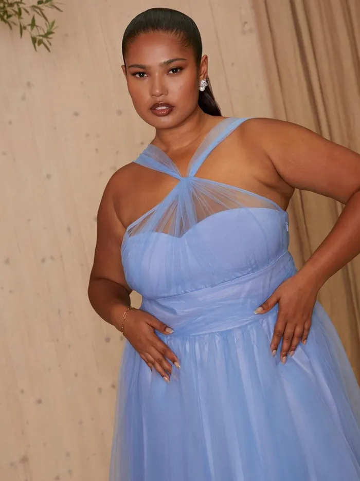 Chi Chi London Plus Size Halter Neck Mesh Midi Dress In Blue Women Skater Dresses