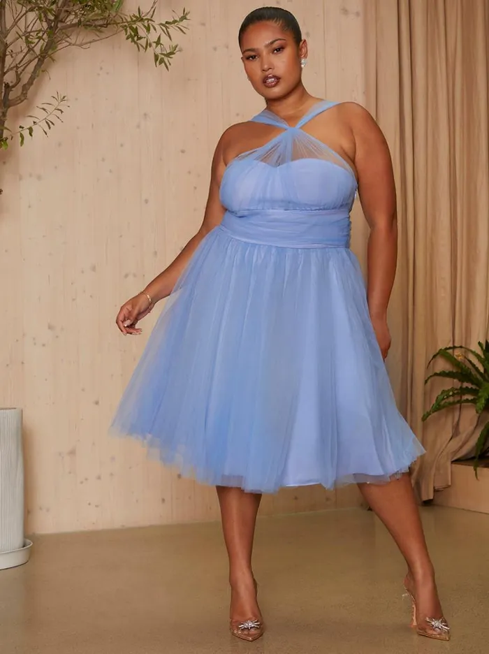 Chi Chi London Plus Size Halter Neck Mesh Midi Dress In Blue Women Skater Dresses