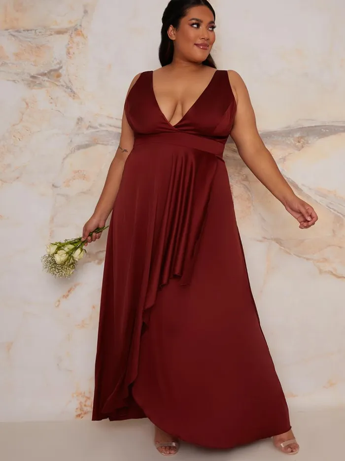 Chi Chi London Plus Size Satin Wrap Maxi Dress In Red Women Wrap Dresses