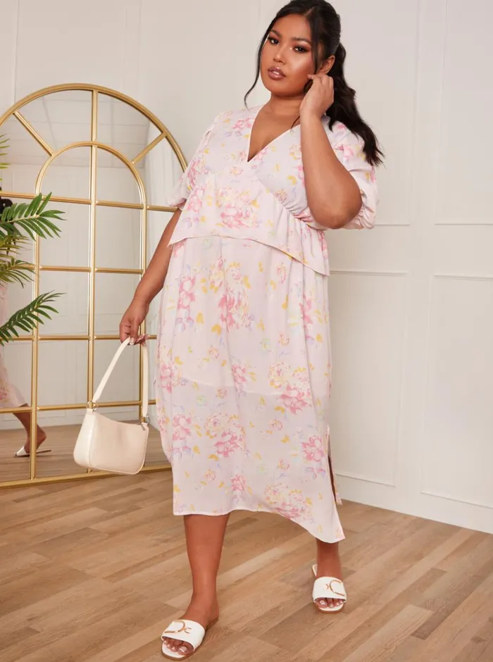 Chi Chi London Plus Size Short Sleeve Floral Printed Midi Dress In Pink Women Floral Dresses Chi Chi London Plus Size Short Sleeve Floral Printed Midi Dress In Pink Women Floral Dresses