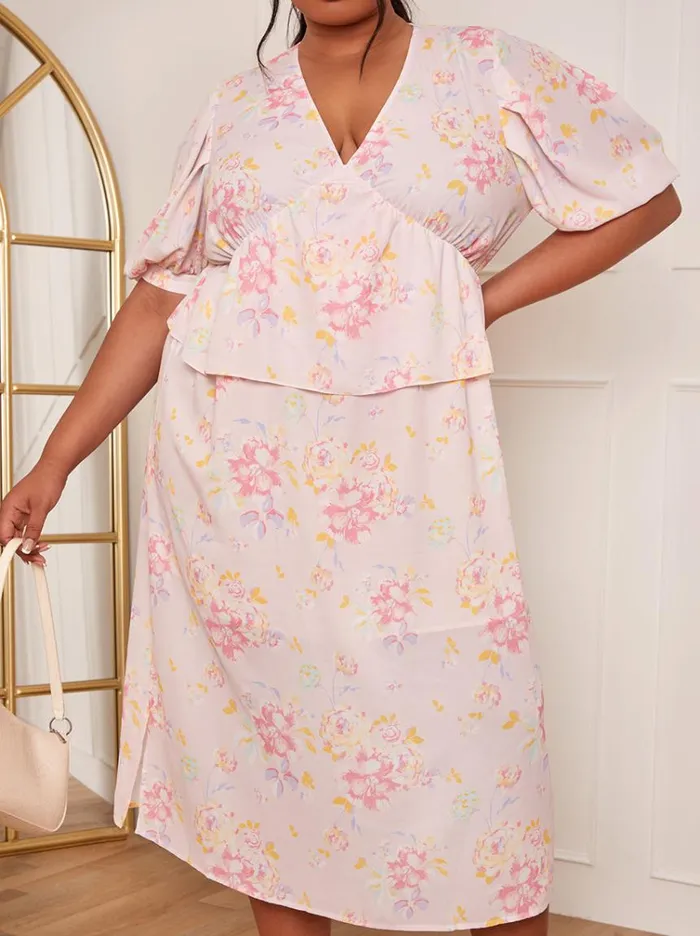 Chi Chi London Plus Size Short Sleeve Floral Printed Midi Dress In Pink Women Floral Dresses