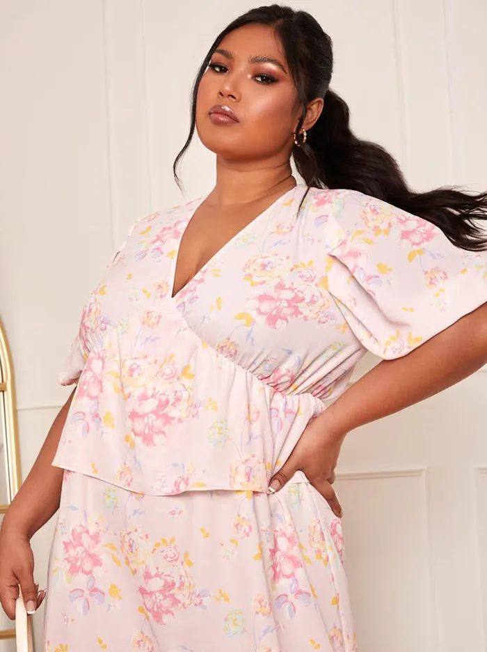 Chi Chi London Plus Size Short Sleeve Floral Printed Midi Dress In Pink Women Floral Dresses