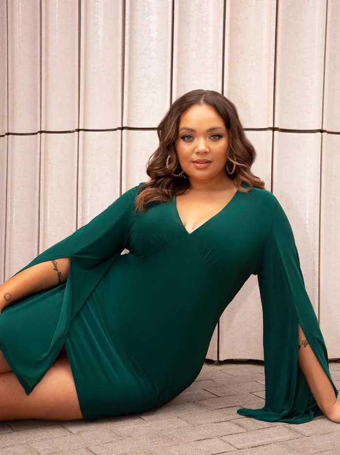Chi Chi London Plus Size V Neck Split Sleeve Bodycon Dress In Green Women Bodycon Dresses