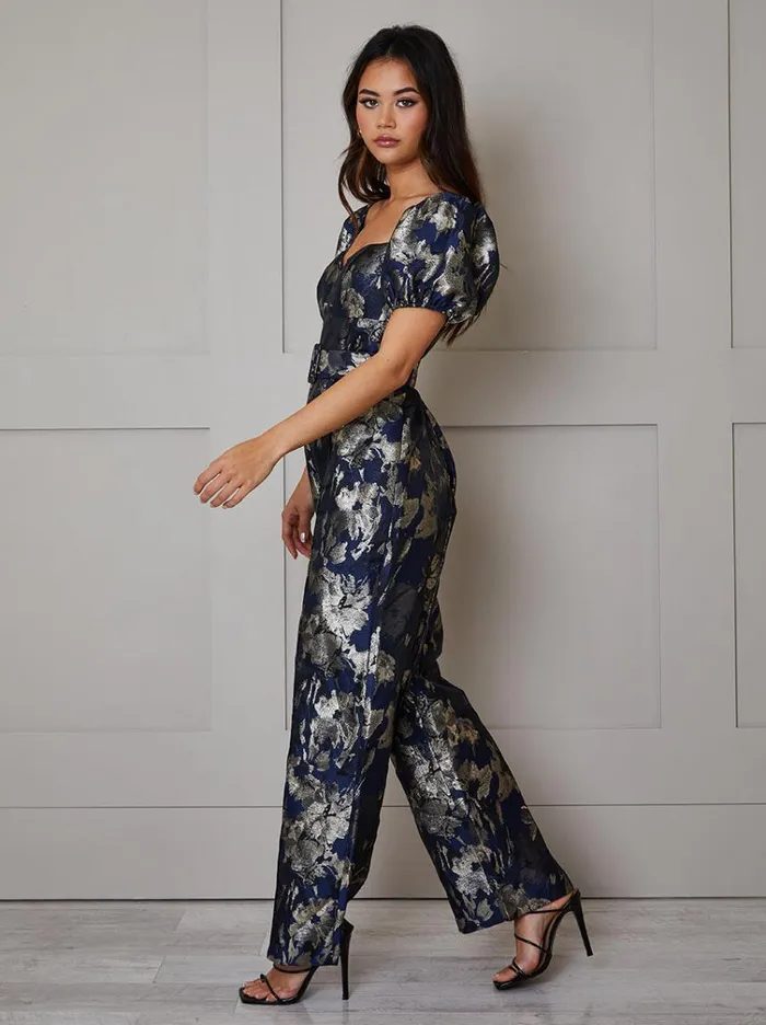 Chi Chi London Puff Sleeve Jacquard Wide Leg Jumpsuit In Navy Women Jumpsuits