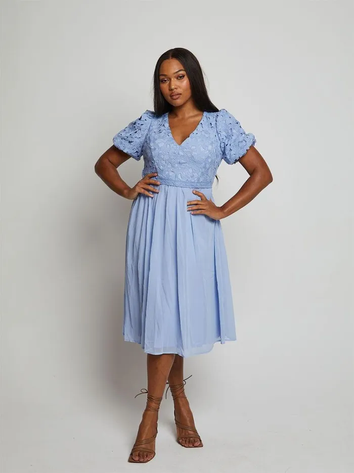 Chi Chi London Puff Sleeve Premium Lace Midi Dress In Blue Women Lace Dresses