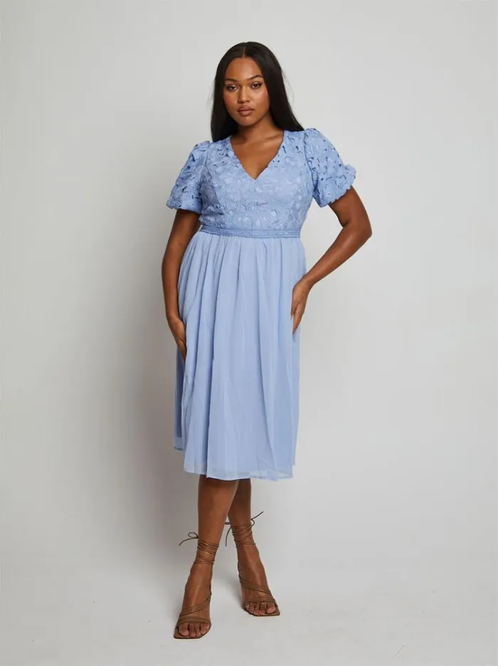 Chi Chi London Puff Sleeve Premium Lace Midi Dress In Blue Women Lace Dresses