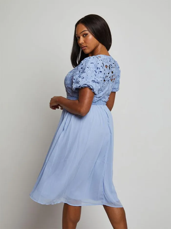 Chi Chi London Puff Sleeve Premium Lace Midi Dress In Blue Women Lace Dresses