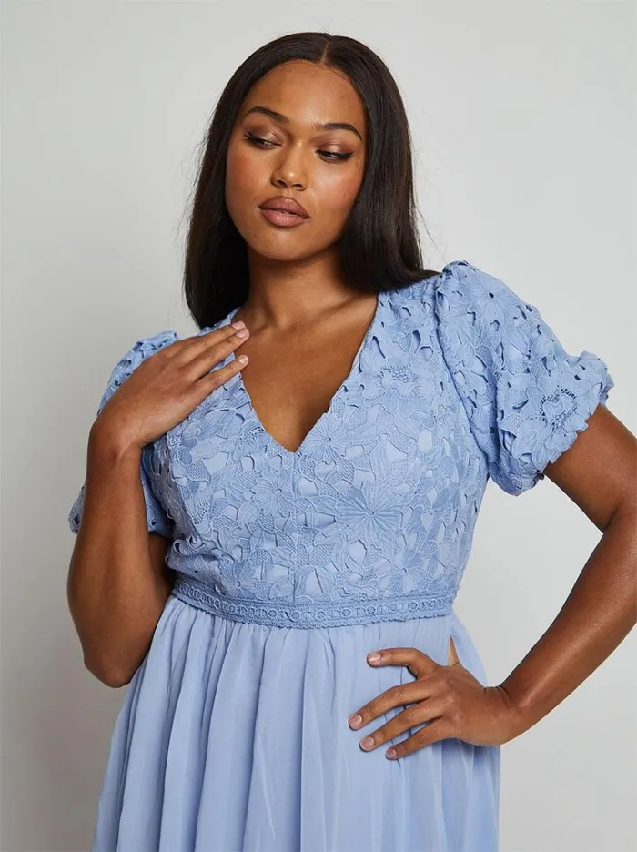 Chi Chi London Puff Sleeve Premium Lace Midi Dress In Blue Women Lace Dresses