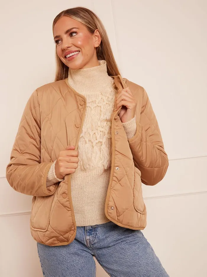 Chi Chi London Quilted Short Jacket In Camel Women Winterwear
