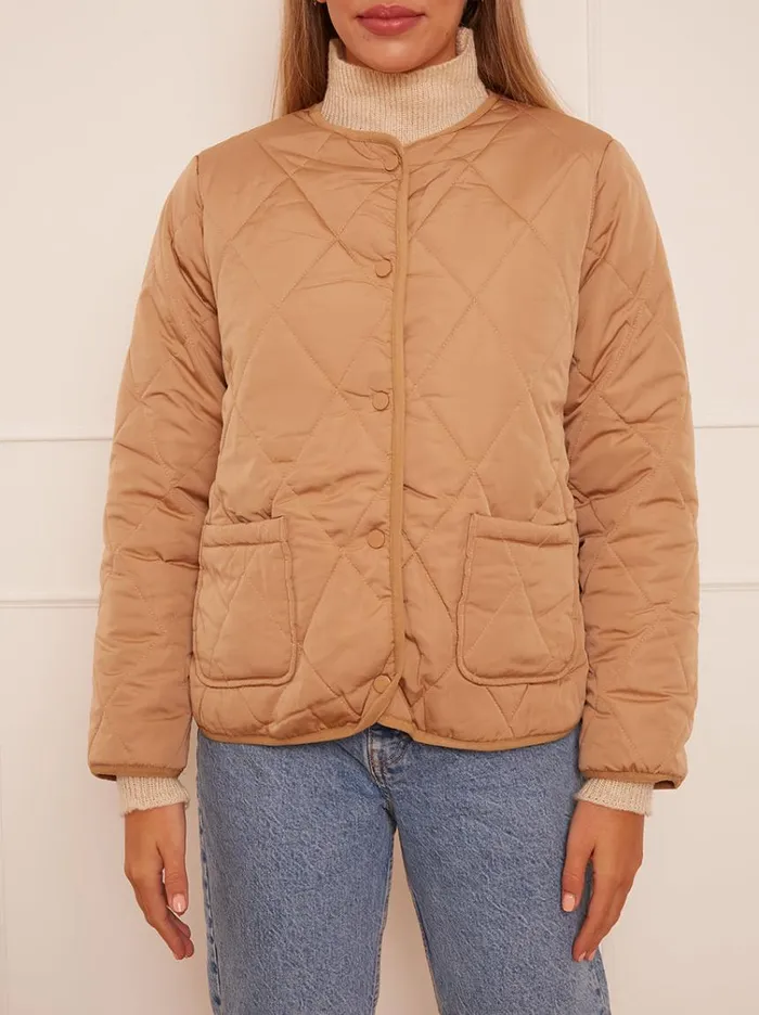 Chi Chi London Quilted Short Jacket In Camel Women Winterwear