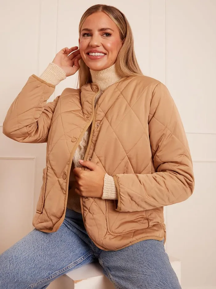Chi Chi London Quilted Short Jacket In Camel Women Winterwear
