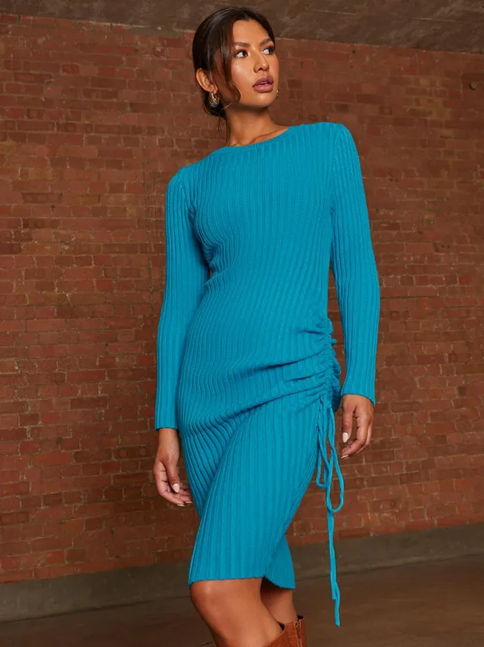 Chi Chi London Ruched Side Detail Knitted Midi Dress In Blue Women Jumper Dresses
