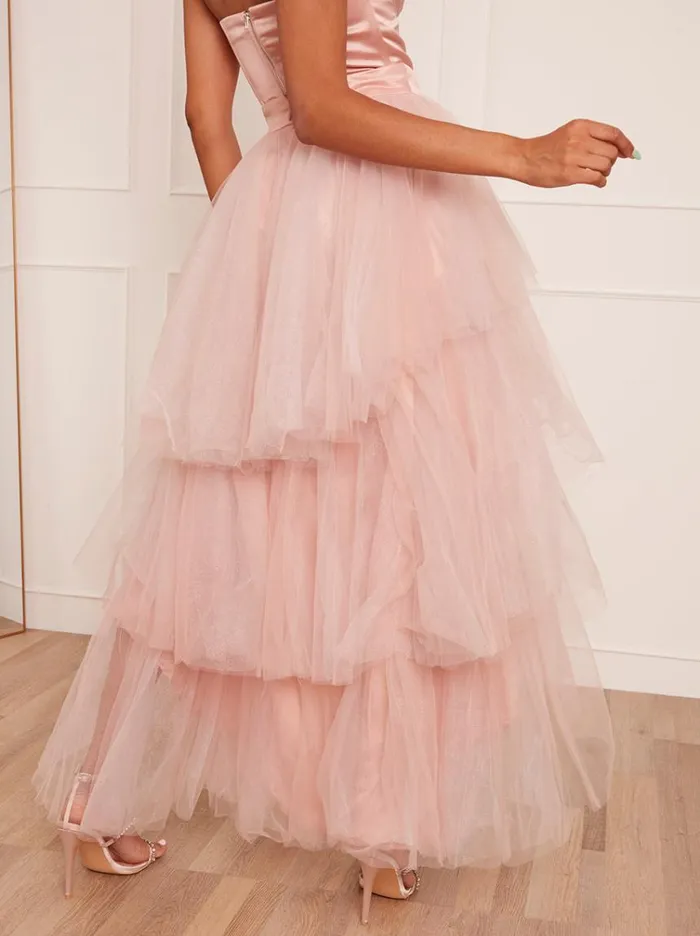 Chi Chi London Ruffle Tulle Tiered Dip Hem Maxi Skirt In Pink Women Skirts