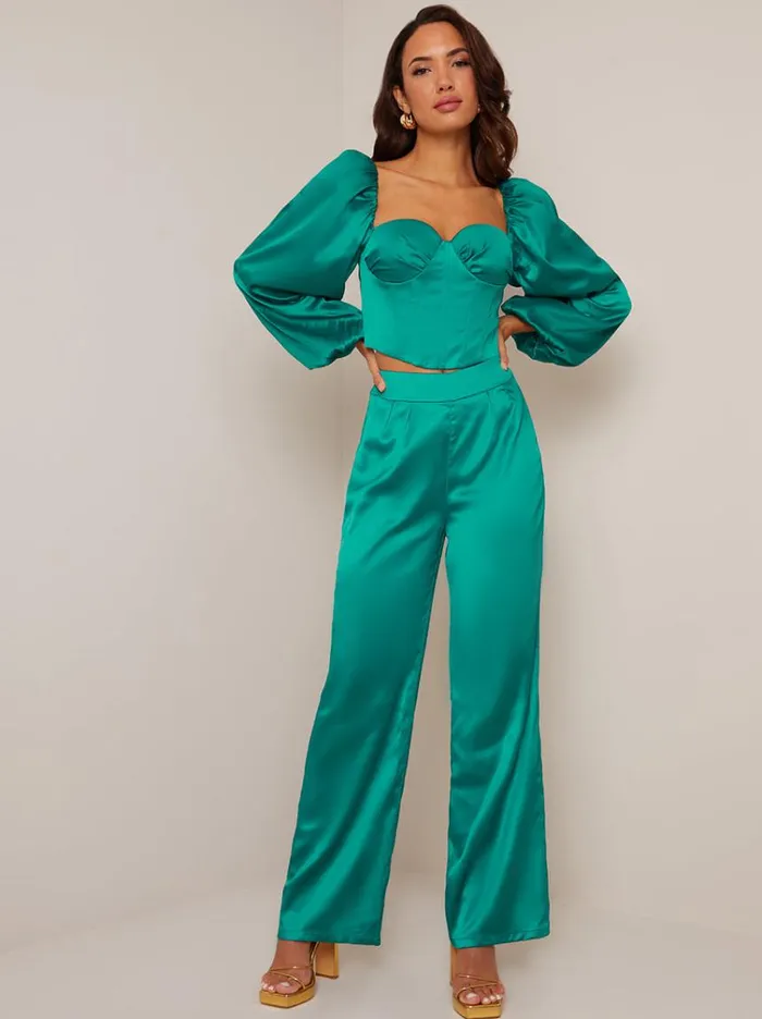 Chi Chi London Satin Wide Leg Trousers In Green Women Jeans and Trousers