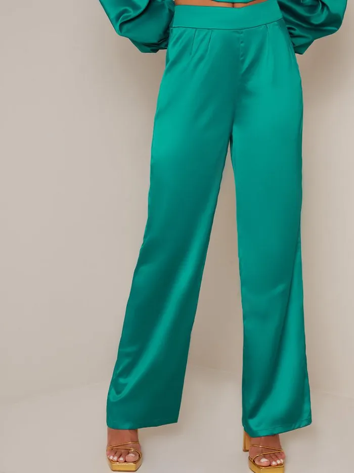 Chi Chi London Satin Wide Leg Trousers In Green Women Jeans and Trousers