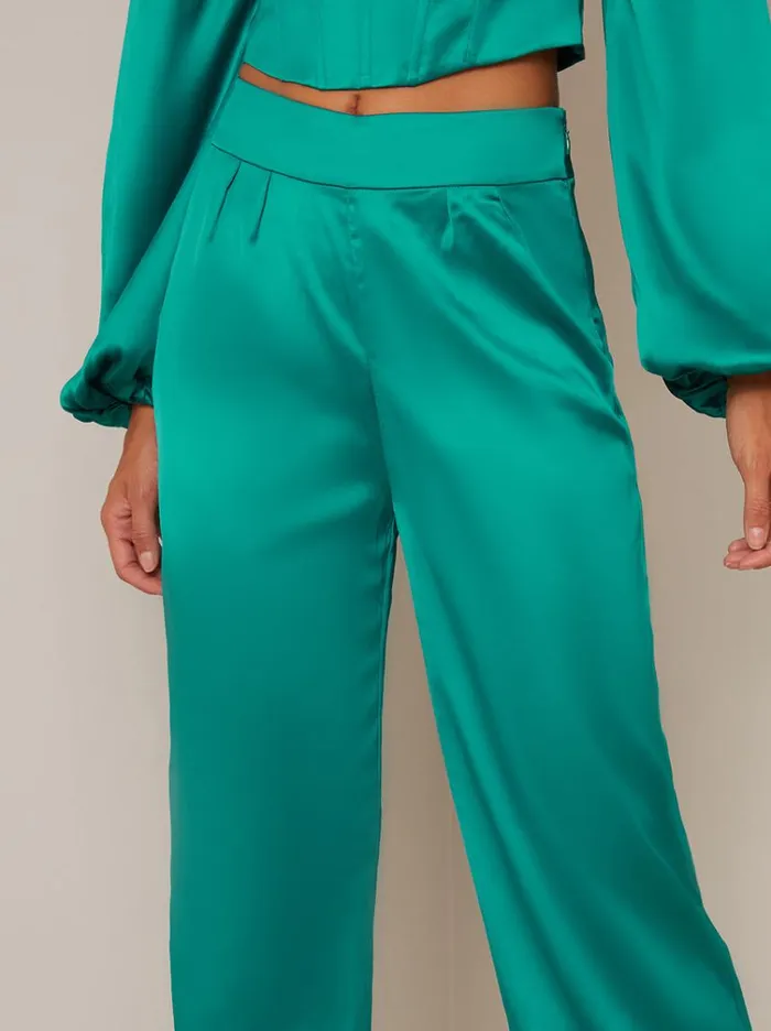 Chi Chi London Satin Wide Leg Trousers In Green Women Jeans and Trousers