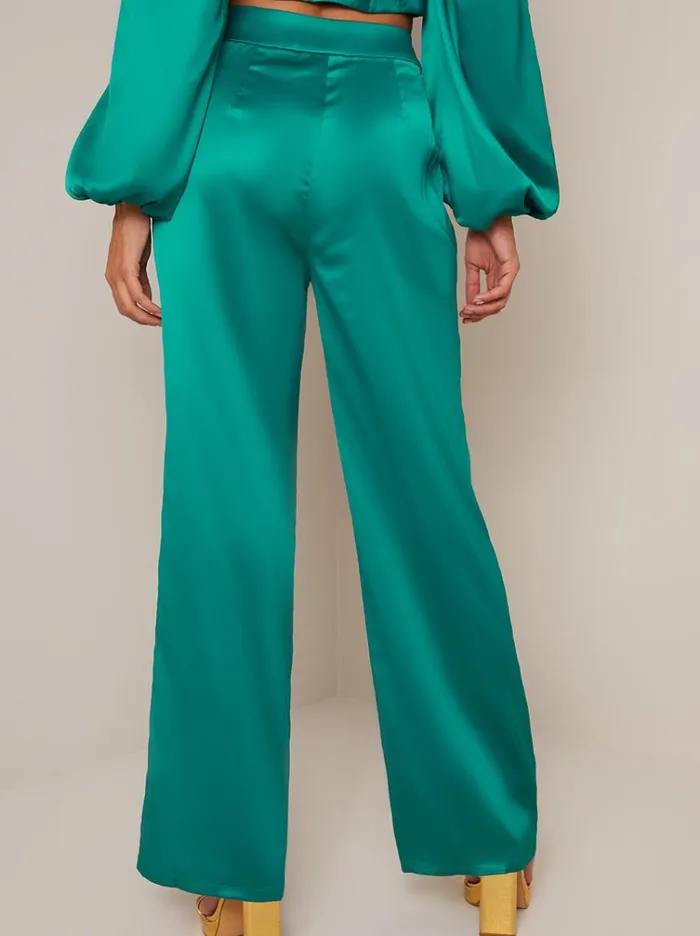 Chi Chi London Satin Wide Leg Trousers In Green Women Jeans and Trousers