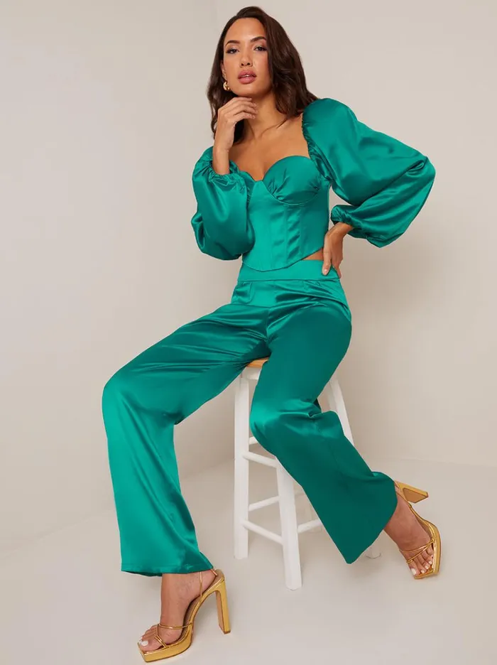Chi Chi London Satin Wide Leg Trousers In Green Women Jeans and Trousers