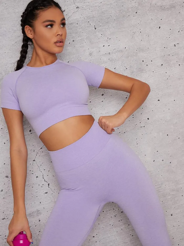Chi Chi London Short Sleeved Cropped Sports Top In Purple Women Activewear