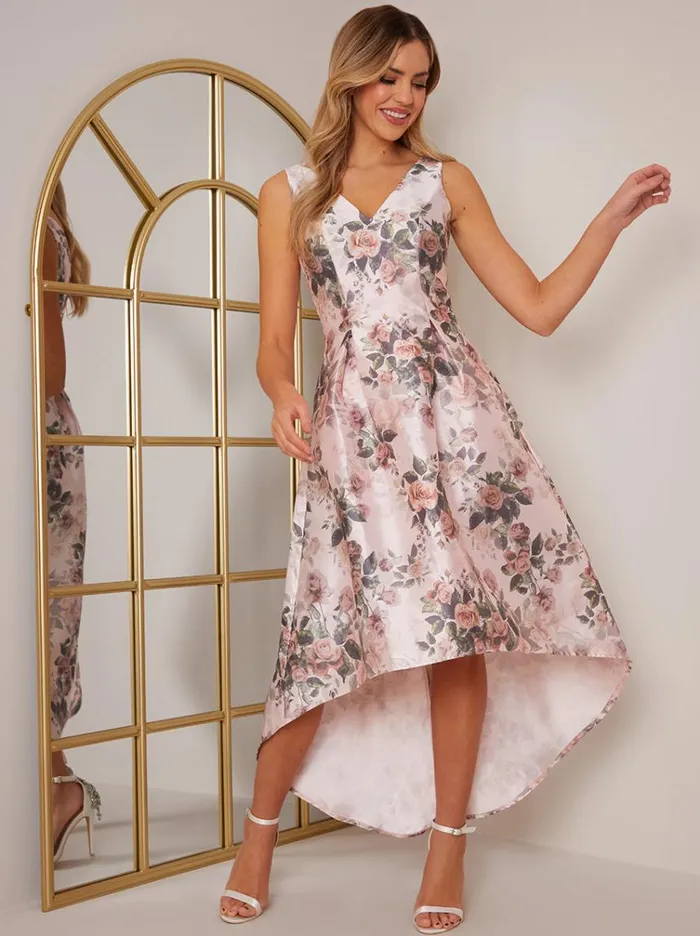 Chi Chi London Sleeveless Floral Print Dip Hem Dress In Pink Women Floral Dresses
